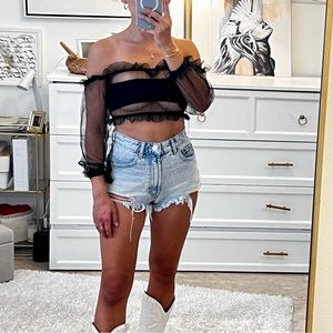 ALTEREDREAMS ‘Bina’ Black Mesh Off the shoulder Ruffle Sheer Crop Top XS NEW